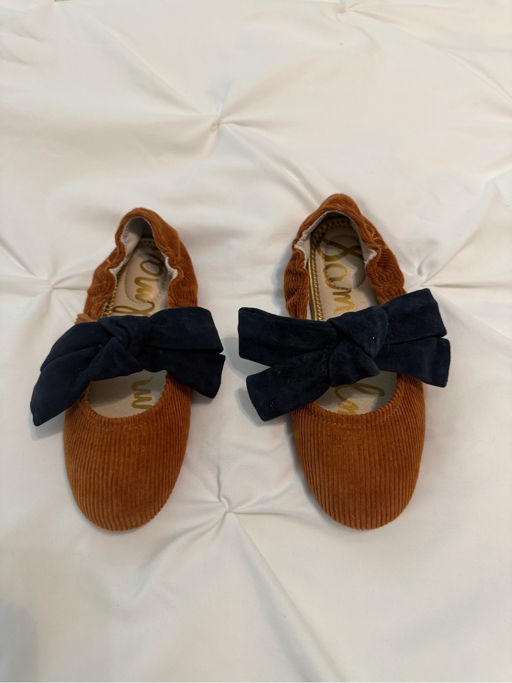 Sam Edelman Girls' Corduroy Ballet Flats in Brown with navy blue Bow